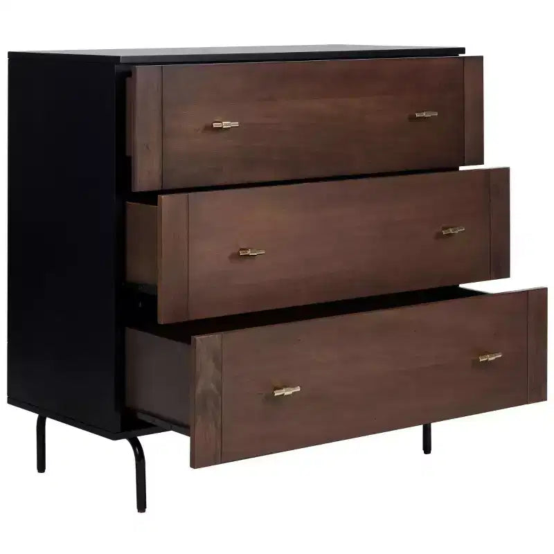 3-Drawer Dresser Walnut & Black – Mahogany & MDF, Gold Hardware, 50 lb/Drawer