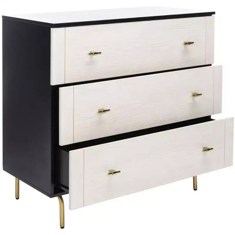 3-Drawer Dresser Walnut & Black – Mahogany & MDF, Gold Hardware, 50 lb/Drawer