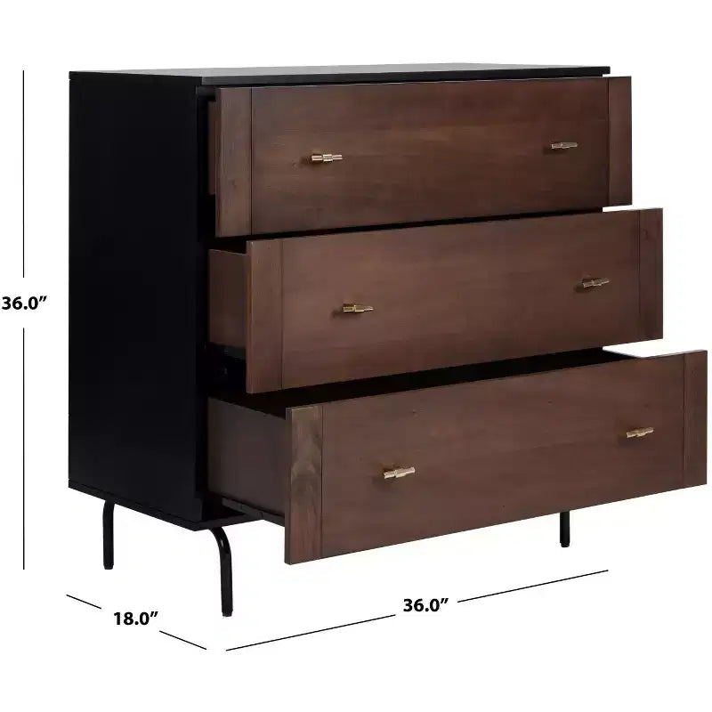 3-Drawer Dresser Walnut & Black – Mahogany & MDF, Gold Hardware, 50 lb/Drawer