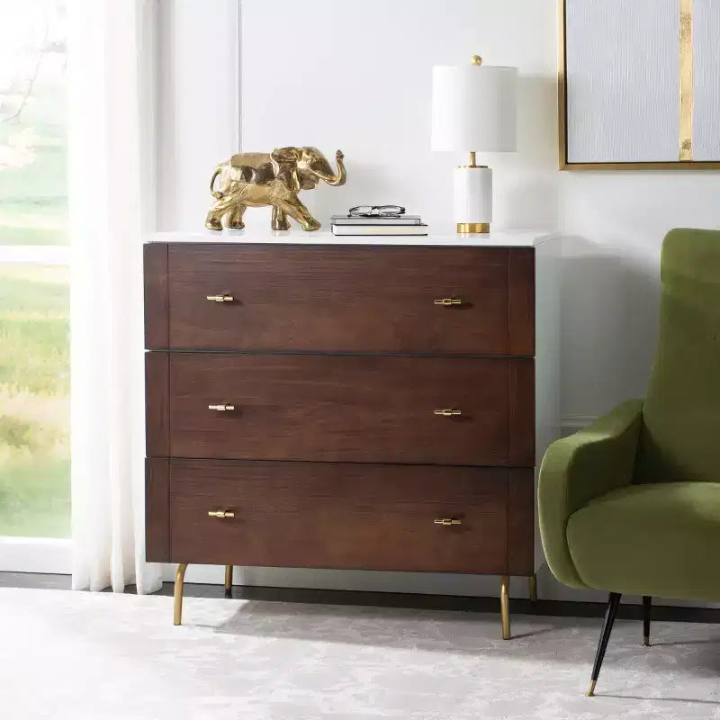 3-Drawer Dresser Walnut & Black – Mahogany & MDF, Gold Hardware, 50 lb/Drawer