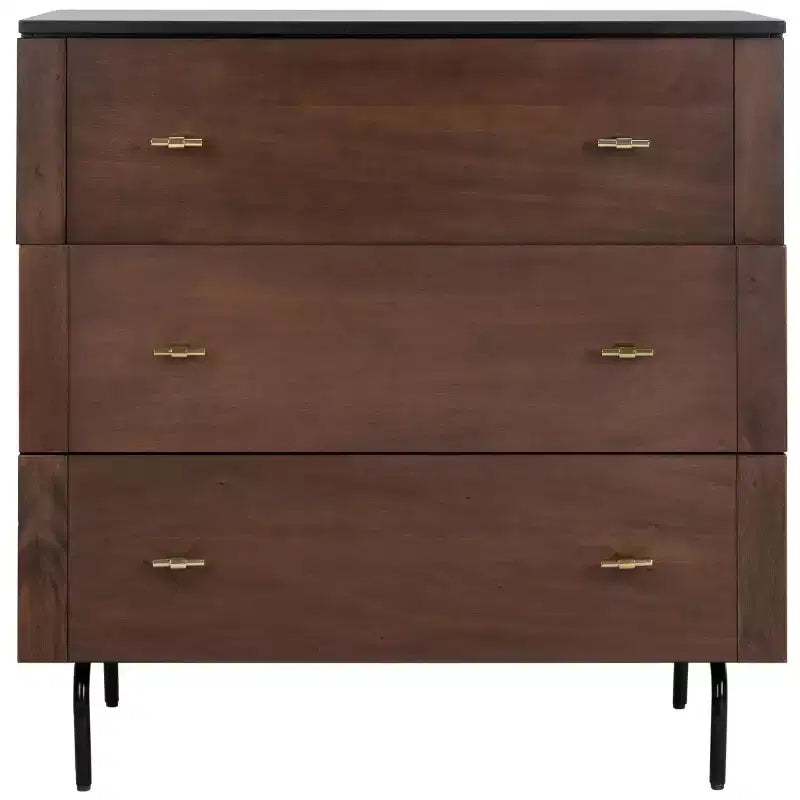 3-Drawer Dresser Walnut & Black – Mahogany & MDF, Gold Hardware, 50 lb/Drawer