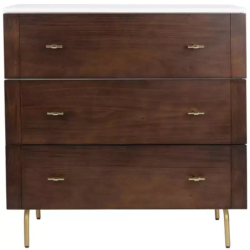 3-Drawer Dresser Walnut & Black – Mahogany & MDF, Gold Hardware, 50 lb/Drawer