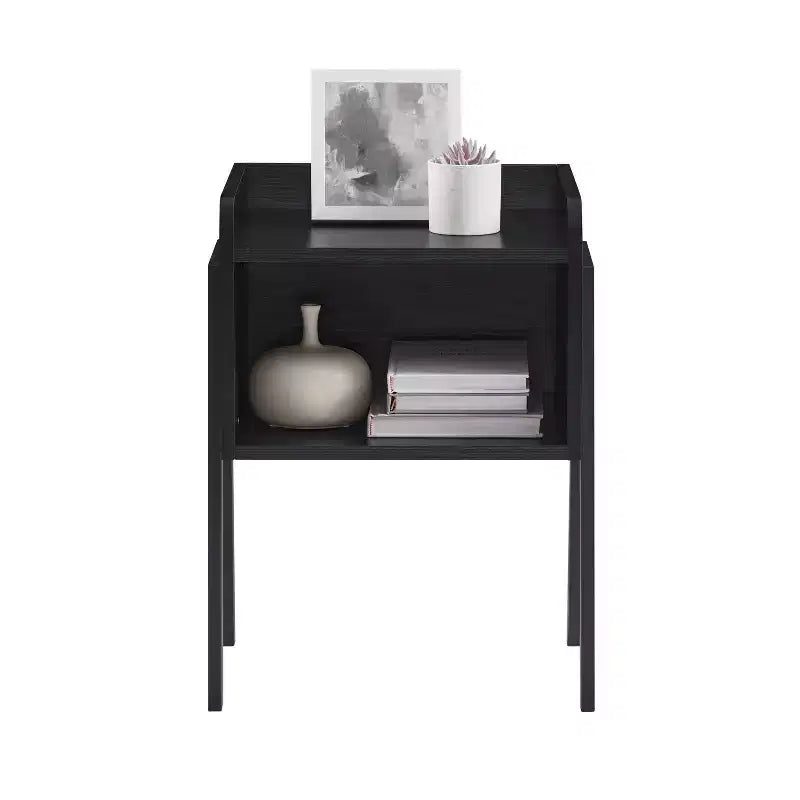 Mid-Century Modern Open Cubby Side Table Black – Metal Frame, MDF Top, 66 lb Capacity
