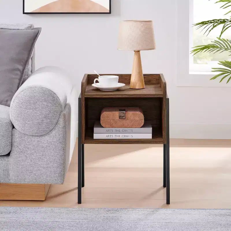 Mid-Century Modern Open Cubby Side Table Black – Metal Frame, MDF Top, 66 lb Capacity