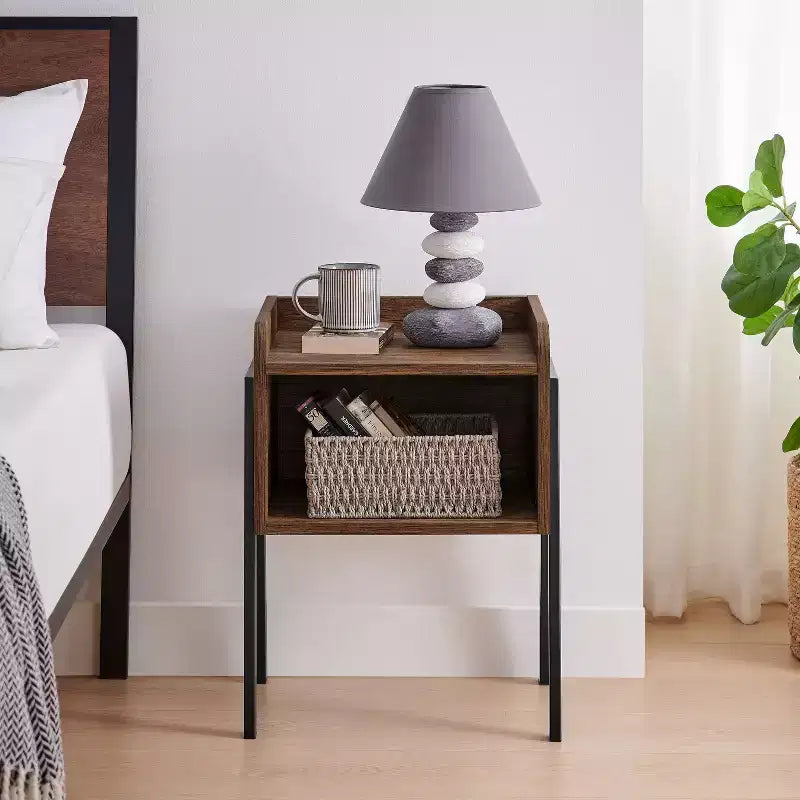Mid-Century Modern Open Cubby Side Table Black – Metal Frame, MDF Top, 66 lb Capacity