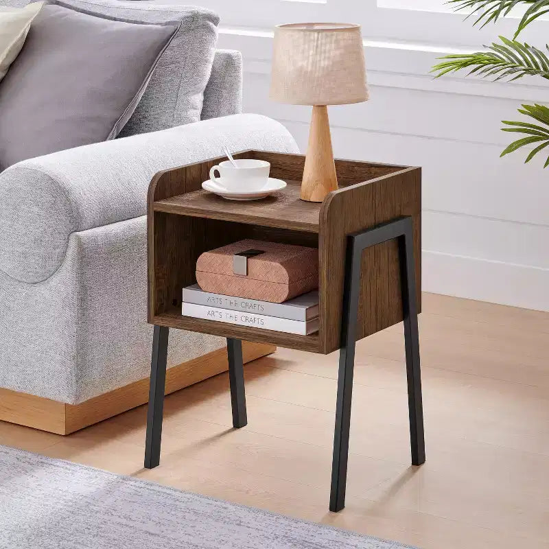 Mid-Century Modern Open Cubby Side Table Black – Metal Frame, MDF Top, 66 lb Capacity