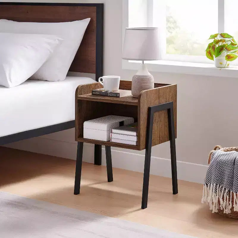 Mid-Century Modern Open Cubby Side Table Black – Metal Frame, MDF Top, 66 lb Capacity