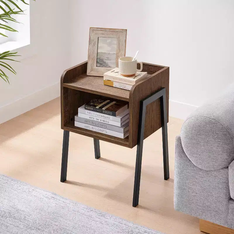 Mid-Century Modern Open Cubby Side Table Black – Metal Frame, MDF Top, 66 lb Capacity