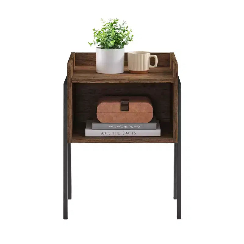 Mid-Century Modern Open Cubby Side Table Black – Metal Frame, MDF Top, 66 lb Capacity