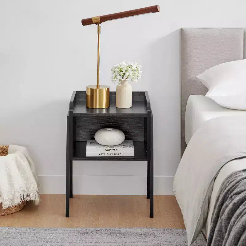Mid-Century Modern Open Cubby Side Table Black – Metal Frame, MDF Top, 66 lb Capacity