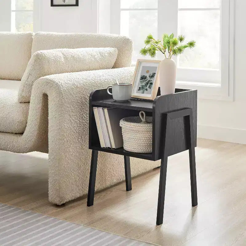 Mid-Century Modern Open Cubby Side Table Black – Metal Frame, MDF Top, 66 lb Capacity