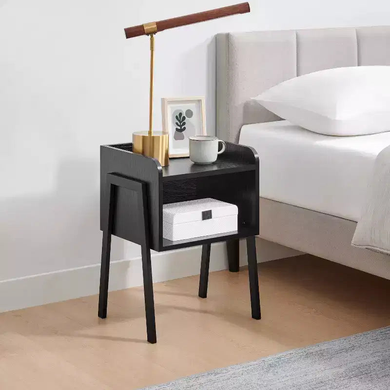 Mid-Century Modern Open Cubby Side Table Black – Metal Frame, MDF Top, 66 lb Capacity