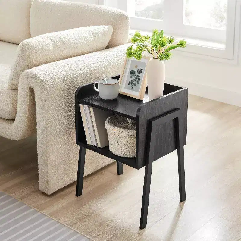 Mid-Century Modern Open Cubby Side Table Black – Metal Frame, MDF Top, 66 lb Capacity