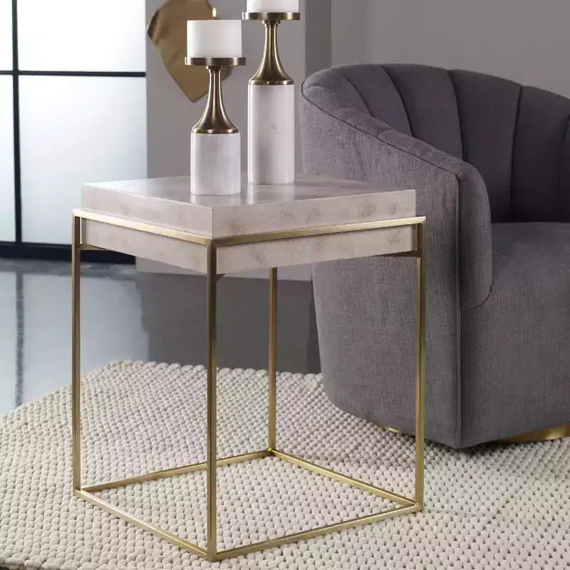 19" Square Accent Table – Brushed Brass Stainless Steel Frame, Ivory Burl Veneer Top