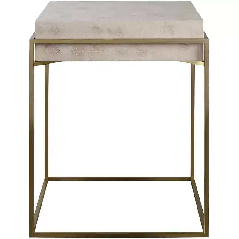 19" Square Accent Table – Brushed Brass Stainless Steel Frame, Ivory Burl Veneer Top