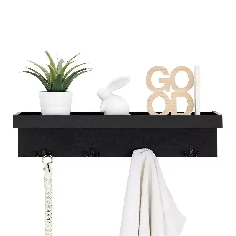 25.6" Wall Mounted Coat Rack with Ledge Shelf & 4 Hooks – MDF, 30 lb Capacity