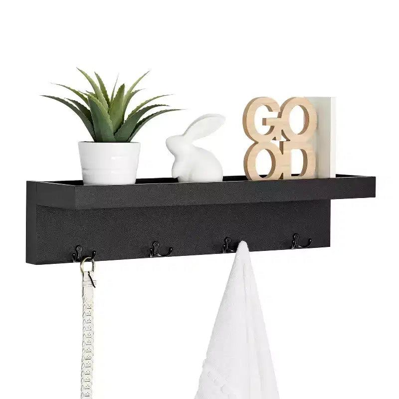 25.6" Wall Mounted Coat Rack with Ledge Shelf & 4 Hooks – MDF, 30 lb Capacity