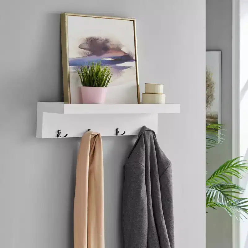 25.6" Wall Mounted Coat Rack with Ledge Shelf & 4 Hooks – MDF, 30 lb Capacity