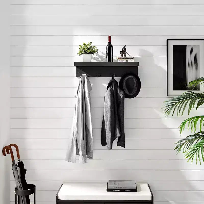 25.6" Wall Mounted Coat Rack with Ledge Shelf & 4 Hooks – MDF, 30 lb Capacity