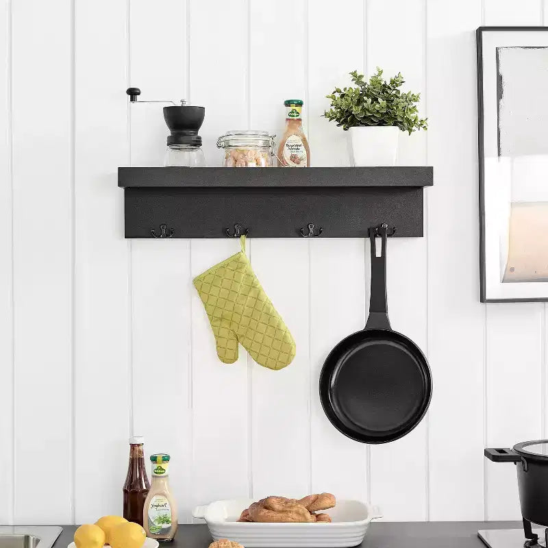 25.6" Wall Mounted Coat Rack with Ledge Shelf & 4 Hooks – MDF, 30 lb Capacity