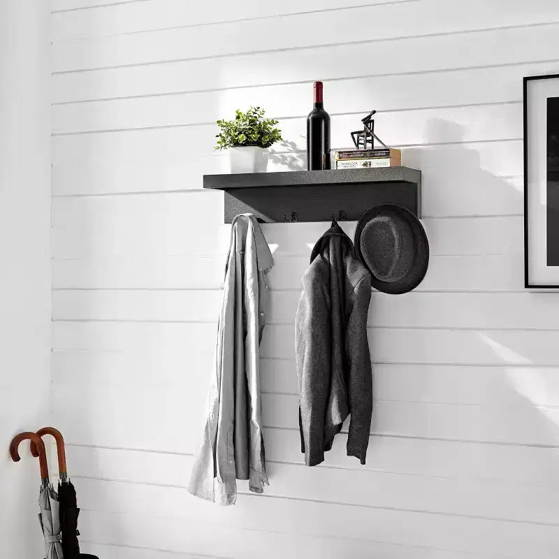 25.6" Wall Mounted Coat Rack with Ledge Shelf & 4 Hooks – MDF, 30 lb Capacity