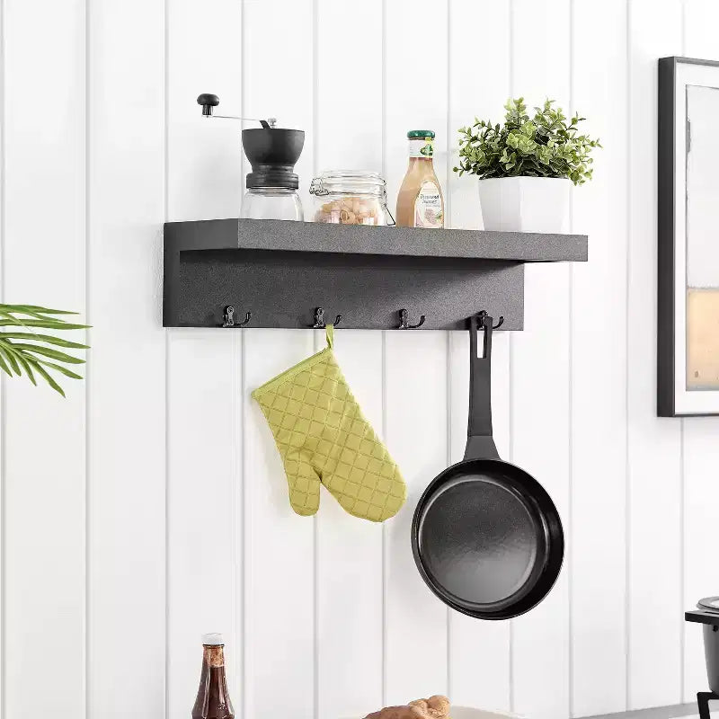 25.6" Wall Mounted Coat Rack with Ledge Shelf & 4 Hooks – MDF, 30 lb Capacity