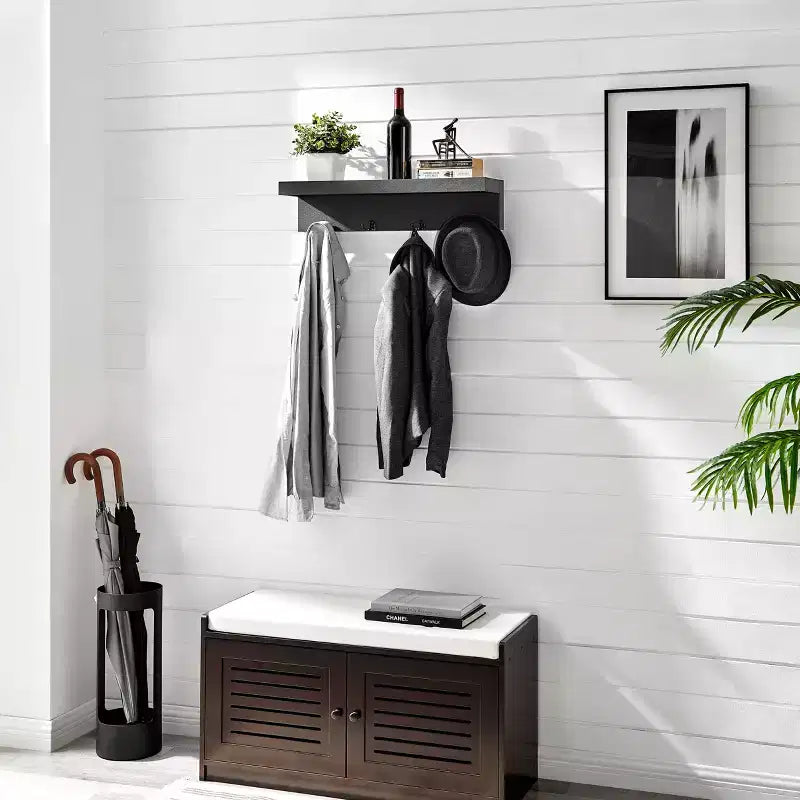 25.6" Wall Mounted Coat Rack with Ledge Shelf & 4 Hooks – MDF, 30 lb Capacity