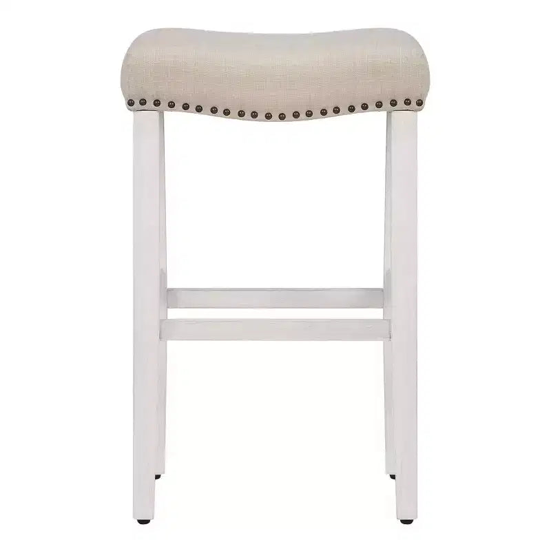 29" Backless Saddle Seat Bar Stool – Upholstered Linen, Antique White, Nailhead Trim