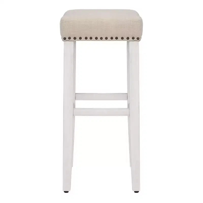 29" Backless Saddle Seat Bar Stool – Upholstered Linen, Antique White, Nailhead Trim