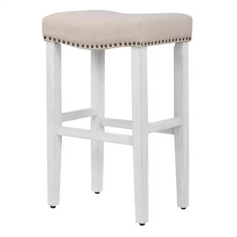 29" Backless Saddle Seat Bar Stool – Upholstered Linen, Antique White, Nailhead Trim