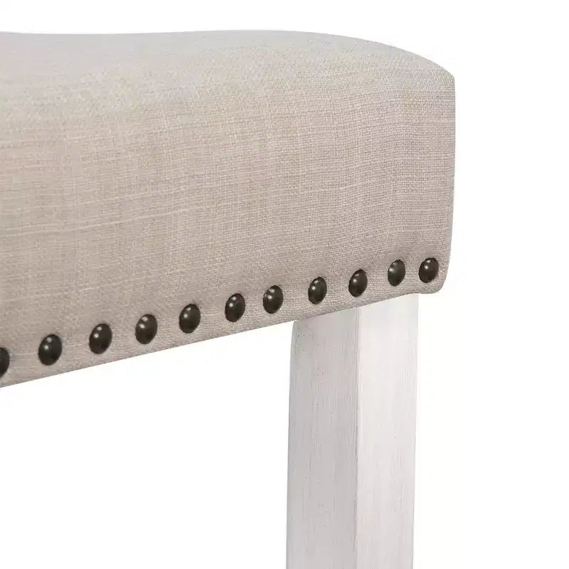 29" Backless Saddle Seat Bar Stool – Upholstered Linen, Antique White, Nailhead Trim