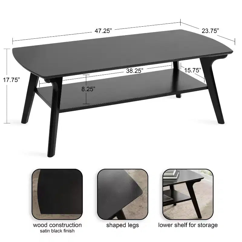 48x24" Two-Tier Wooden Coffee Table Black – Mid-Century Style, Lower Storage Shelf