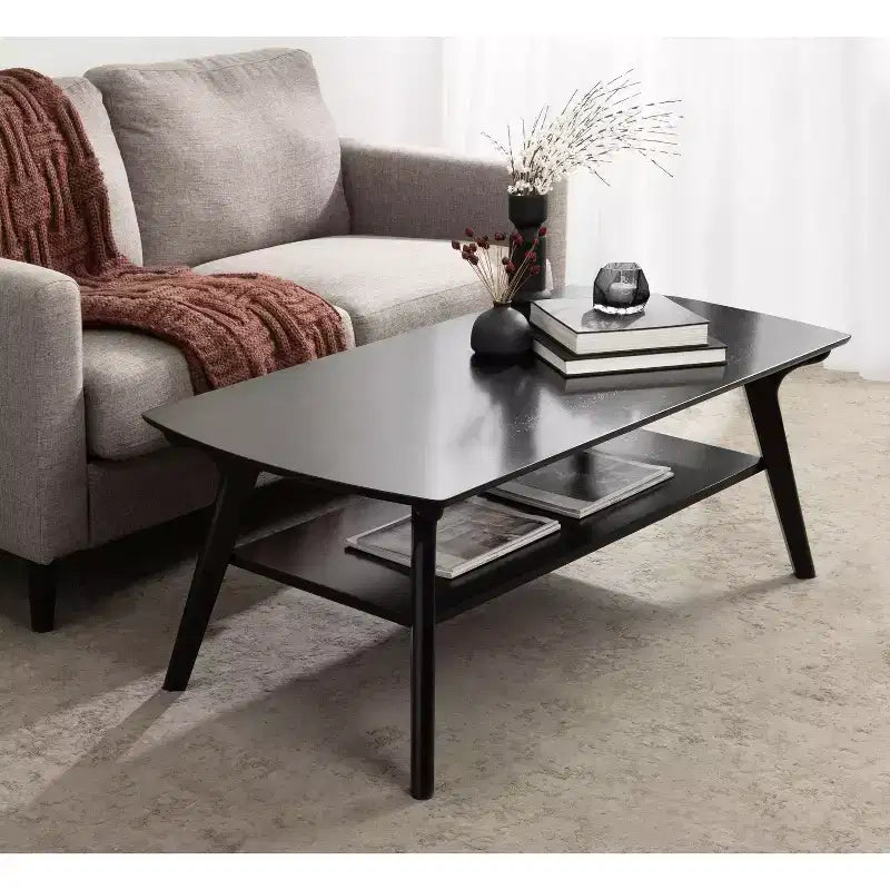 48x24" Two-Tier Wooden Coffee Table Black – Mid-Century Style, Lower Storage Shelf