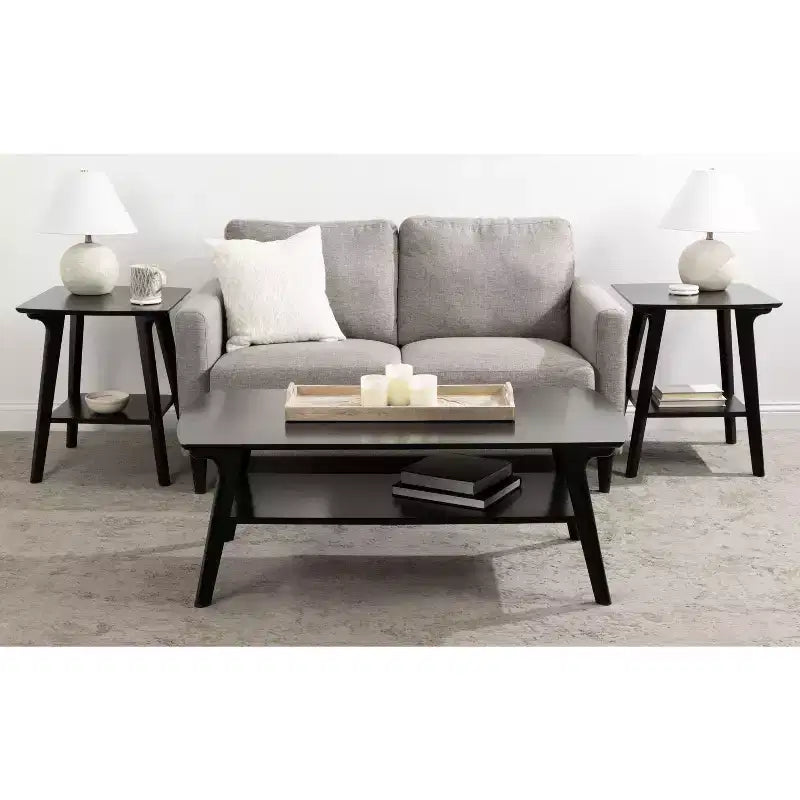 48x24" Two-Tier Wooden Coffee Table Black – Mid-Century Style, Lower Storage Shelf