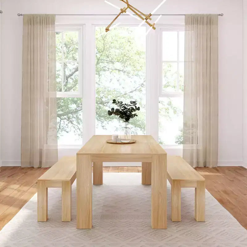 Solid Wood Modern Dining Table Set with 2 Benches – Seats 6, Wirebrush Finish