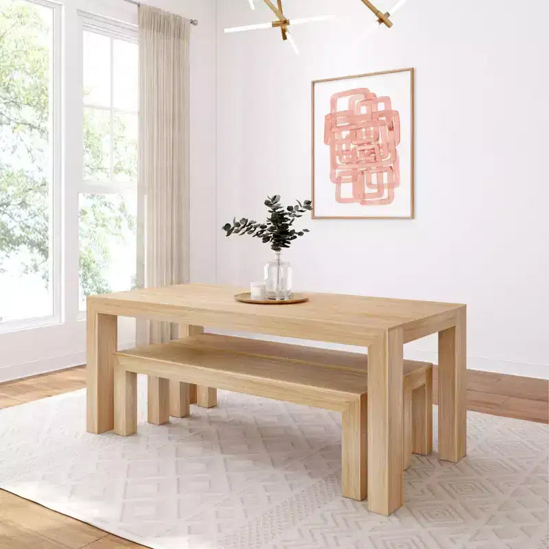 Solid Wood Modern Dining Table Set with 2 Benches – Seats 6, Wirebrush Finish