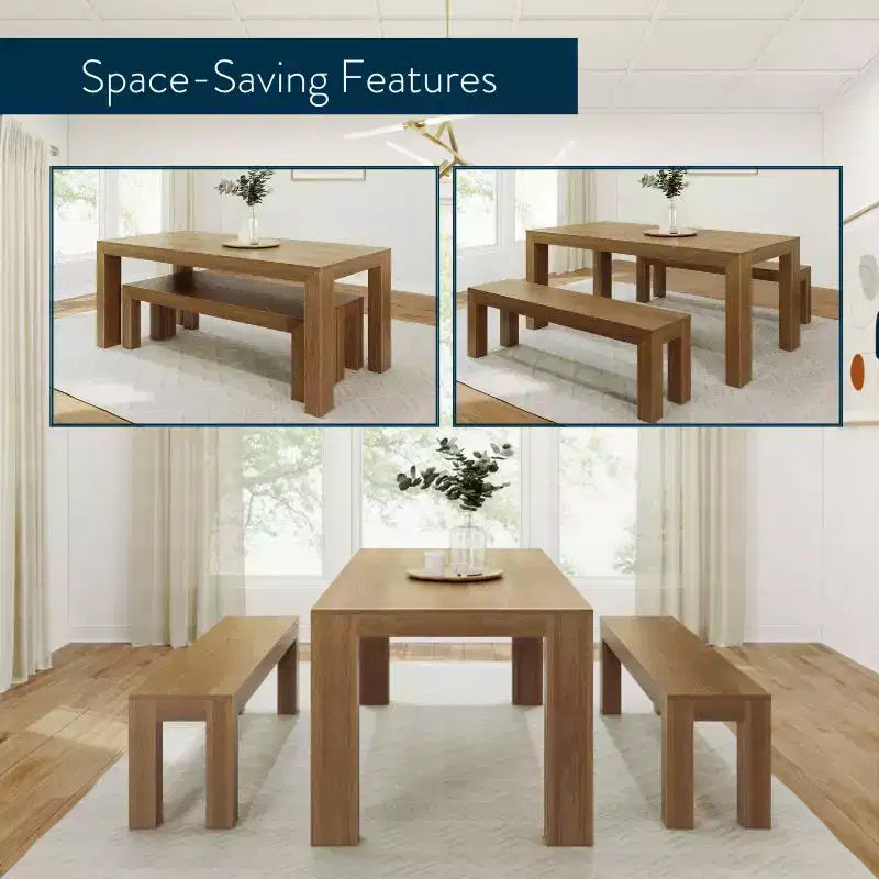 Solid Wood Modern Dining Table Set with 2 Benches – Seats 6, Wirebrush Finish