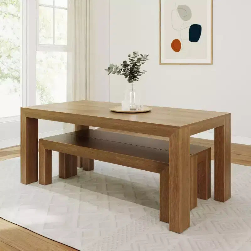 Solid Wood Modern Dining Table Set with 2 Benches – Seats 6, Wirebrush Finish