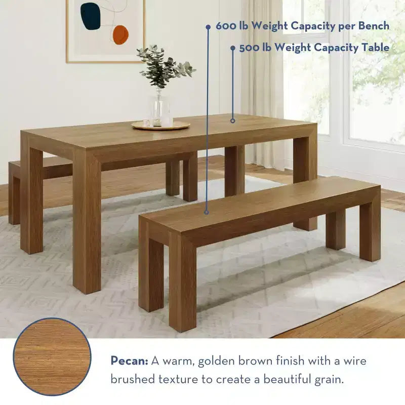 Solid Wood Modern Dining Table Set with 2 Benches – Seats 6, Wirebrush Finish