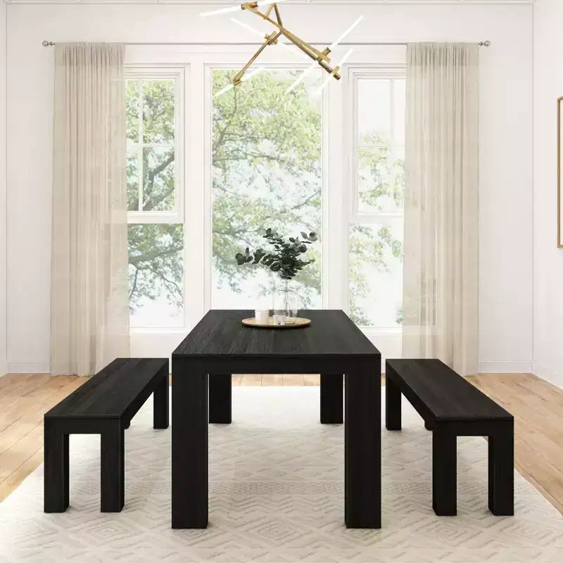 Solid Wood Modern Dining Table Set with 2 Benches – Seats 6, Wirebrush Finish