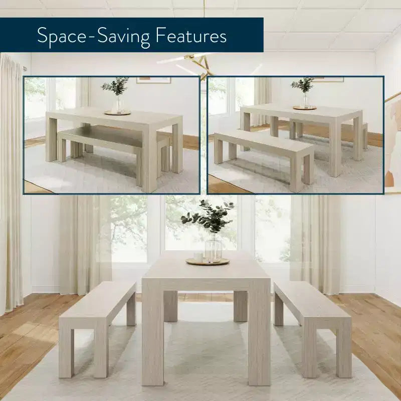 Solid Wood Modern Dining Table Set with 2 Benches – Seats 6, Wirebrush Finish