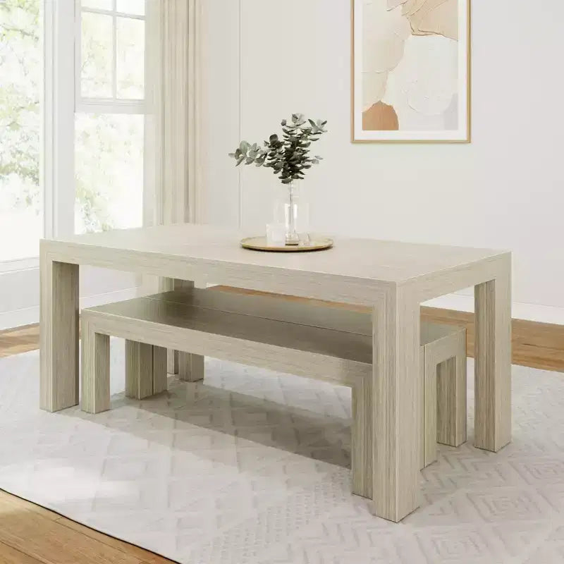 Solid Wood Modern Dining Table Set with 2 Benches – Seats 6, Wirebrush Finish