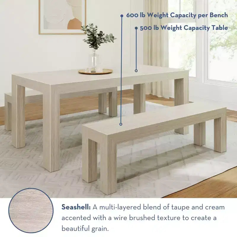 Solid Wood Modern Dining Table Set with 2 Benches – Seats 6, Wirebrush Finish