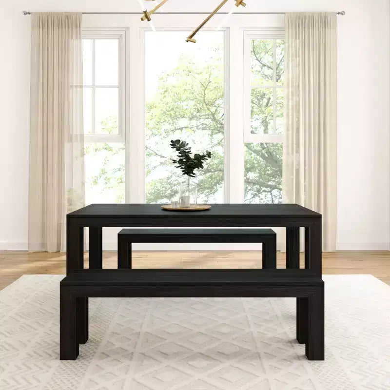 Solid Wood Modern Dining Table Set with 2 Benches – Seats 6, Wirebrush Finish