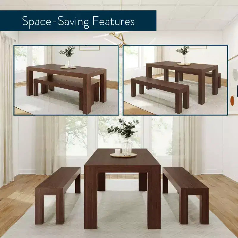 Solid Wood Modern Dining Table Set with 2 Benches – Seats 6, Wirebrush Finish