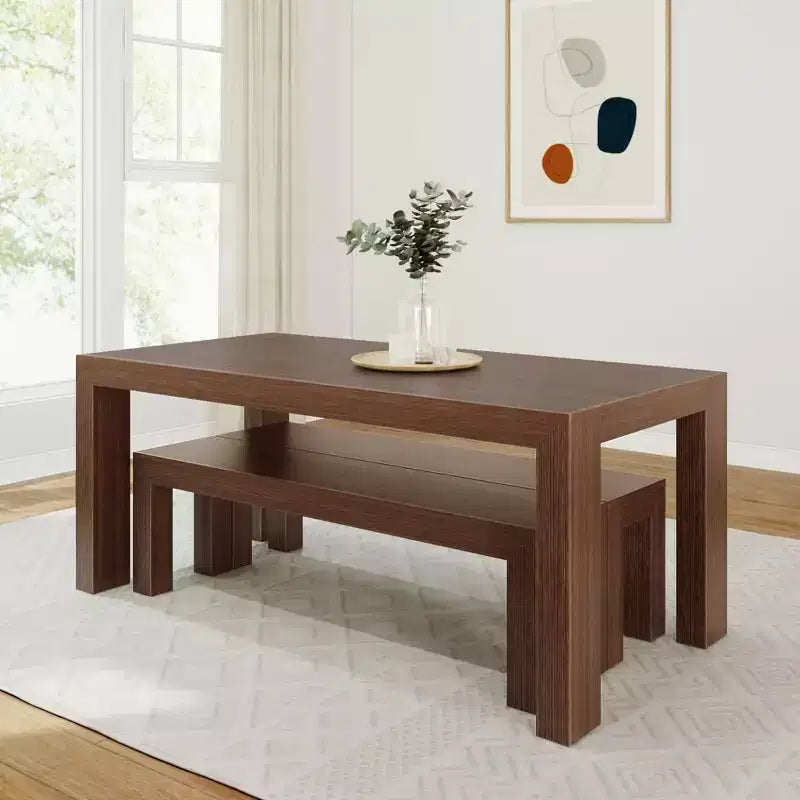 Solid Wood Modern Dining Table Set with 2 Benches – Seats 6, Wirebrush Finish