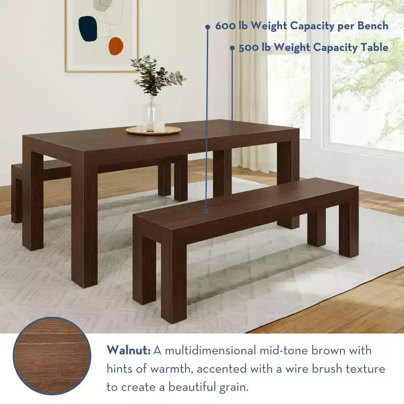 Solid Wood Modern Dining Table Set with 2 Benches – Seats 6, Wirebrush Finish