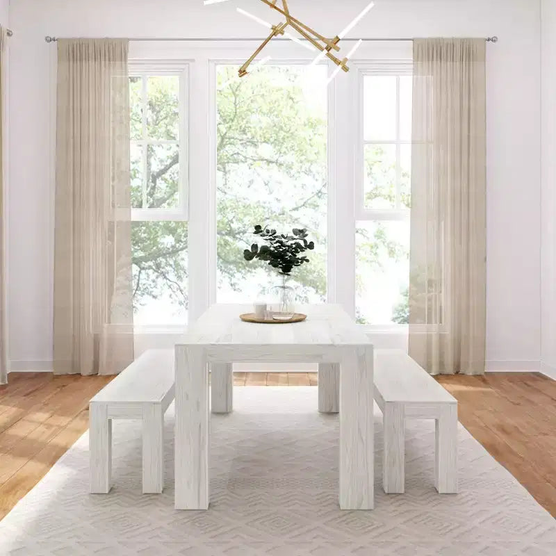 Solid Wood Modern Dining Table Set with 2 Benches – Seats 6, Wirebrush Finish
