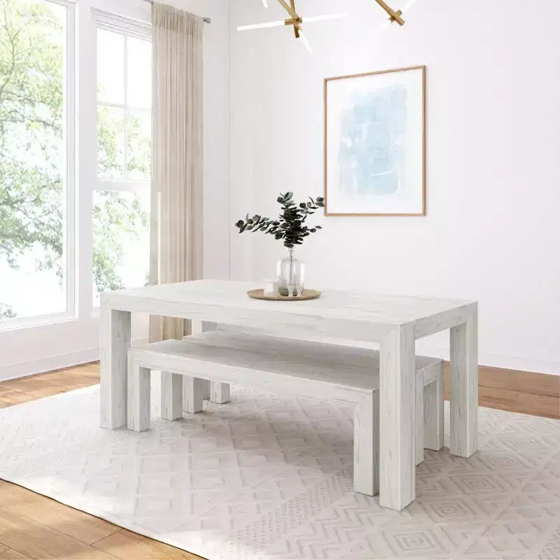 Solid Wood Modern Dining Table Set with 2 Benches – Seats 6, Wirebrush Finish