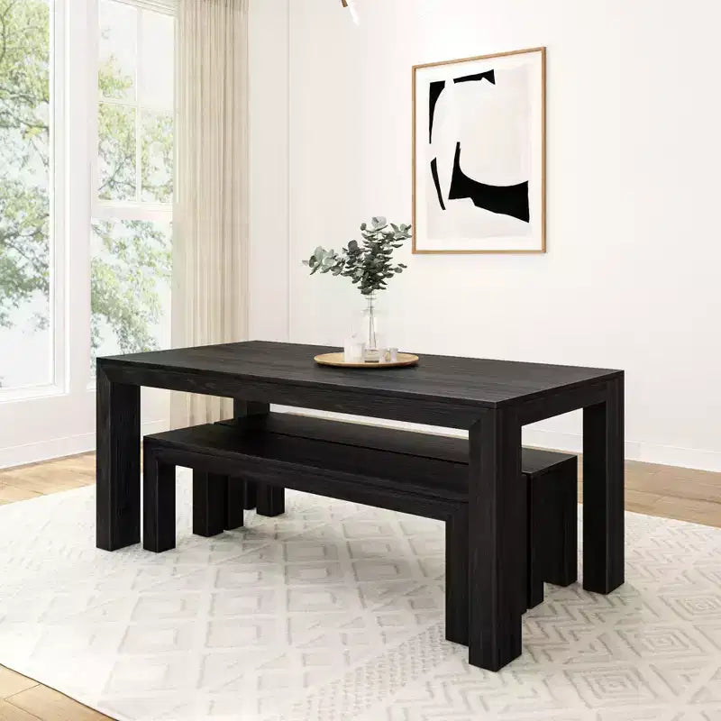 Solid Wood Modern Dining Table Set with 2 Benches – Seats 6, Wirebrush Finish